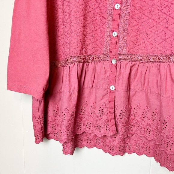 LOGO Lavish Lori Goldstein Button Front Top Large eyelet peplum tunic coral - Picture 3 of 12